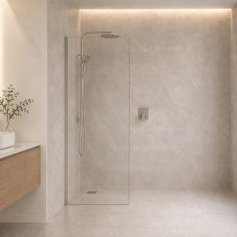 Fienza Curved Edge Frameless Fixed Panel with Channel 10mm Glass 700-1200x2050mm - Variant Colour Fittings