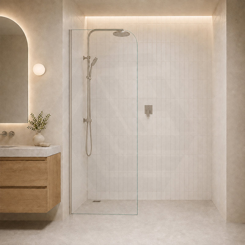 Fienza Curved Edge Frameless Fixed Panel with Channel 10mm Glass 700-1200x2050mm - Variant Colour Fittings