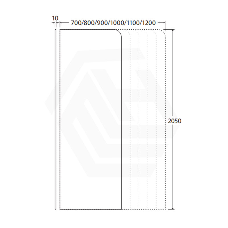 Fienza Curved Edge Frameless Fixed Panel with Channel 10mm Glass 700-1200x2050mm - Variant Colour Fittings