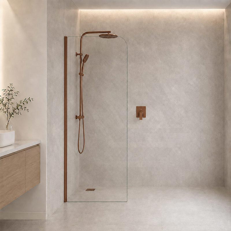 Fienza Curved Edge Frameless Fixed Panel with Channel 10mm Glass 700-1200x2050mm - Variant Colour Fittings