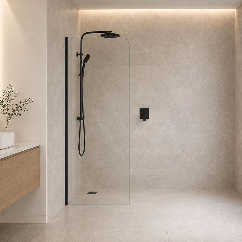 Fienza Curved Edge Frameless Fixed Panel with Channel 10mm Glass 700-1200x2050mm - Variant Colour Fittings