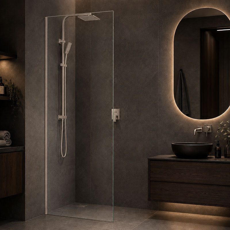 Fienza Rectangular Frameless Fixed Panel with Channel 10mm Glass 700-1200x2050mm - Variant Colour Fittings