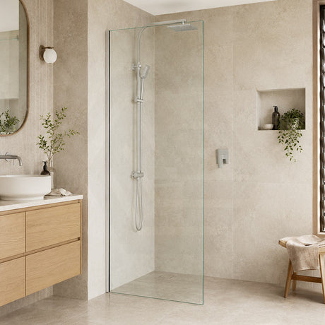 Fienza Rectangular Frameless Fixed Panel with Channel 10mm Glass 700-1200x2050mm - Variant Colour Fittings