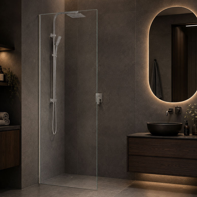 Fienza Rectangular Frameless Fixed Panel with Channel 10mm Glass 700-1200x2050mm - Variant Colour Fittings