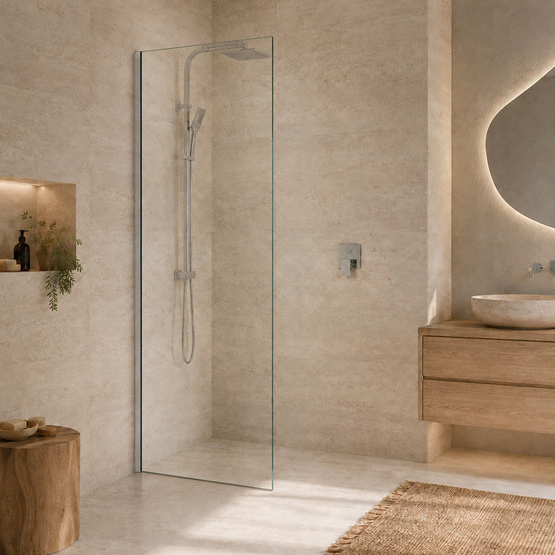 Fienza Rectangular Frameless Fixed Panel with Channel 10mm Glass 700-1200x2050mm - Variant Colour Fittings