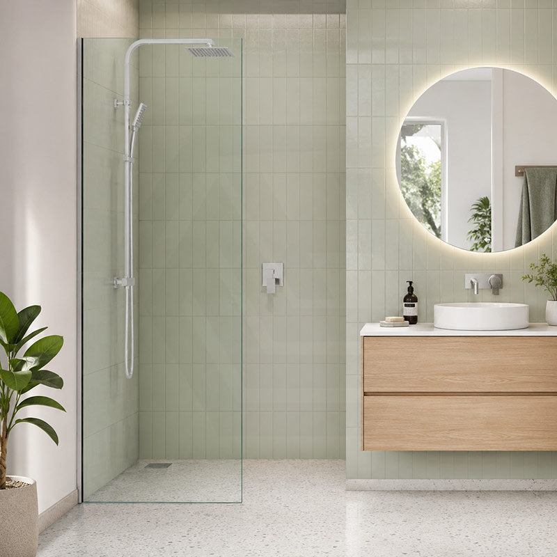 Fienza Rectangular Frameless Fixed Panel with Channel 10mm Glass 700-1200x2050mm - Variant Colour Fittings