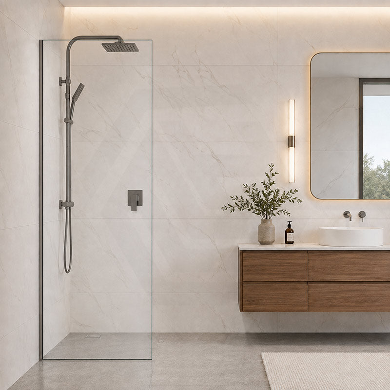 Fienza Rectangular Frameless Fixed Panel with Channel 10mm Glass 700-1200x2050mm - Variant Colour Fittings