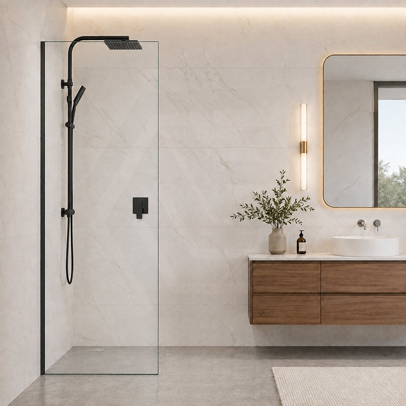 Fienza Rectangular Frameless Fixed Panel with Channel 10mm Glass 700-1200x2050mm - Variant Colour Fittings