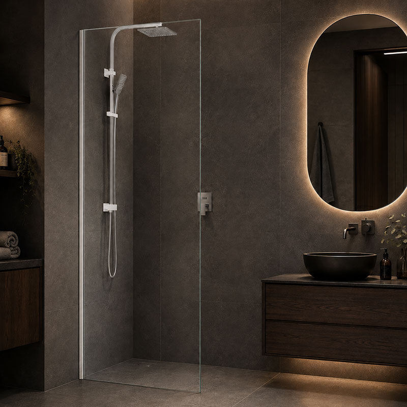 Fienza Rectangular Frameless Fixed Panel with Channel 10mm Glass 700-1200x2050mm - Variant Colour Fittings
