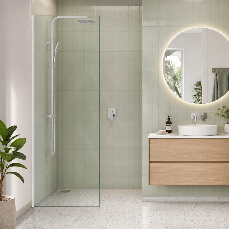 Fienza Rectangular Frameless Fixed Panel with Channel 10mm Glass 700-1200x2050mm - Variant Colour Fittings