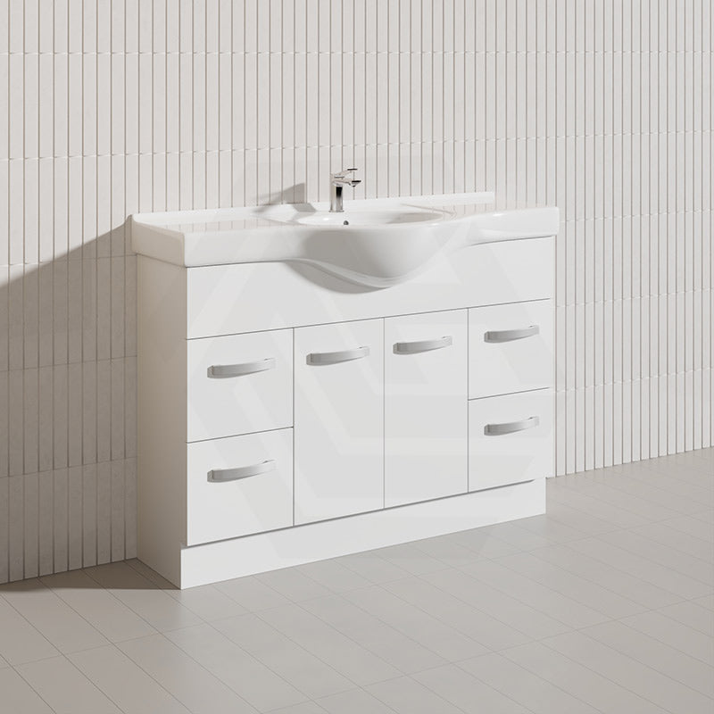 Fienza 1200mm Freestanding Kickboard Vanity MDF Board Solid Door with Single Bowl Ceramic Top - Gloss White