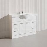 Fienza 1200mm Freestanding Kickboard Vanity MDF Board Solid Door with Single Bowl Ceramic Top - Gloss White