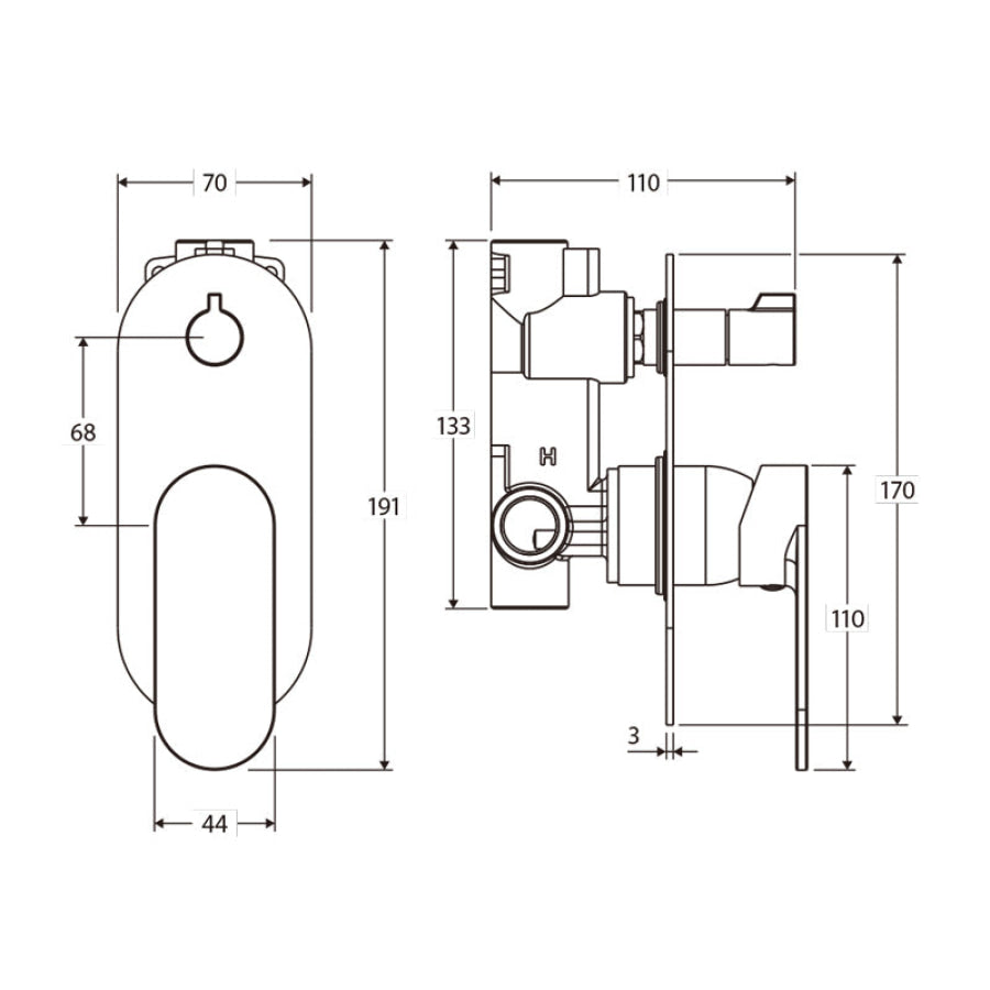 Fienza Empire Slim Vertical Wall Diverter Mixer, Large Oval Plate Variant Colour Available