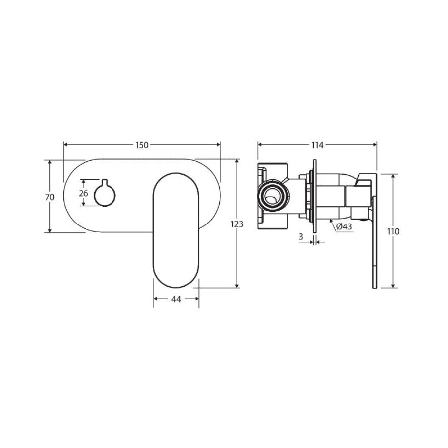 Fienza Empire Slim Horizontal Wall Diverter Mixer with Large Oval Plate Colors Available