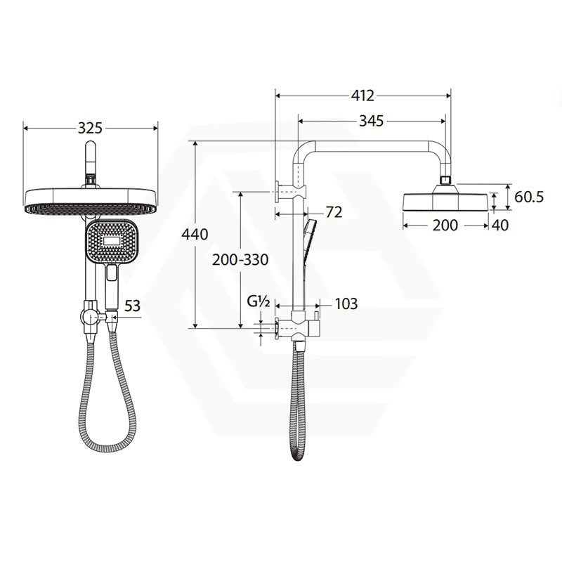 Fienza Kuro Twin Half-Rail Shower Soft Square Head Bottom Water Inlet - Variant Colour Available