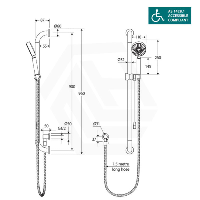 Fienza Stella Care Chrome Rail Shower Set with Push/Pull Slider