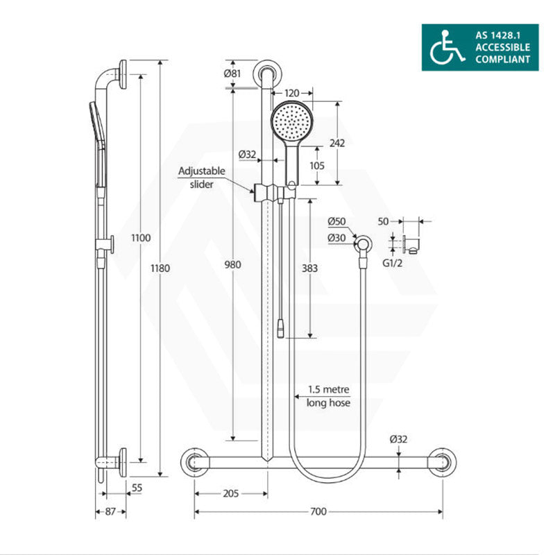 Fienza Luciana/Hustle Care Left/Right Hand Inverted T Rail Shower Set with Push/Pull Slider Chrome/Matt Black