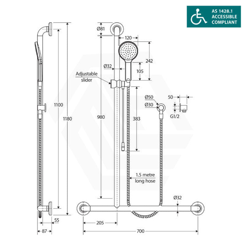 Fienza Luciana/Hustle Care Left/Right Hand Inverted T Rail Shower Set with Push/Pull Slider Chrome/Matt Black