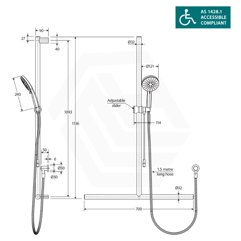 Fienza Care Inverted T Bar Rail with Handheld Shower Set with Push/Pull Slider in Various Colour