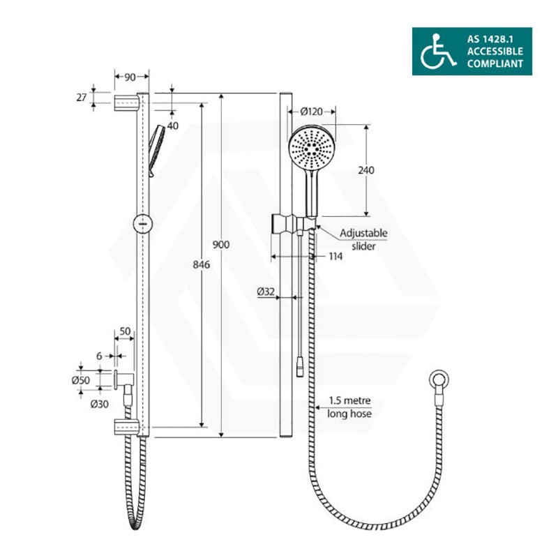 Fienza 900mm Straight Adjustable Care Rail Shower Set with Push/Pull Slider Variant Colour Available