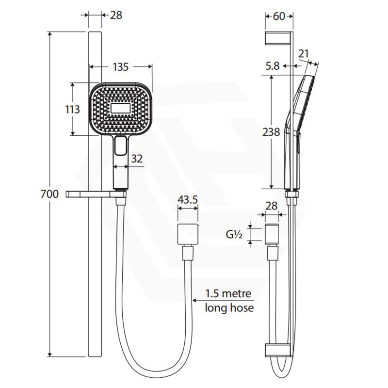 Fienza Kuro Soft Square Handheld Shower on Sliding Rail with Water Inlet - Variant Colour Available