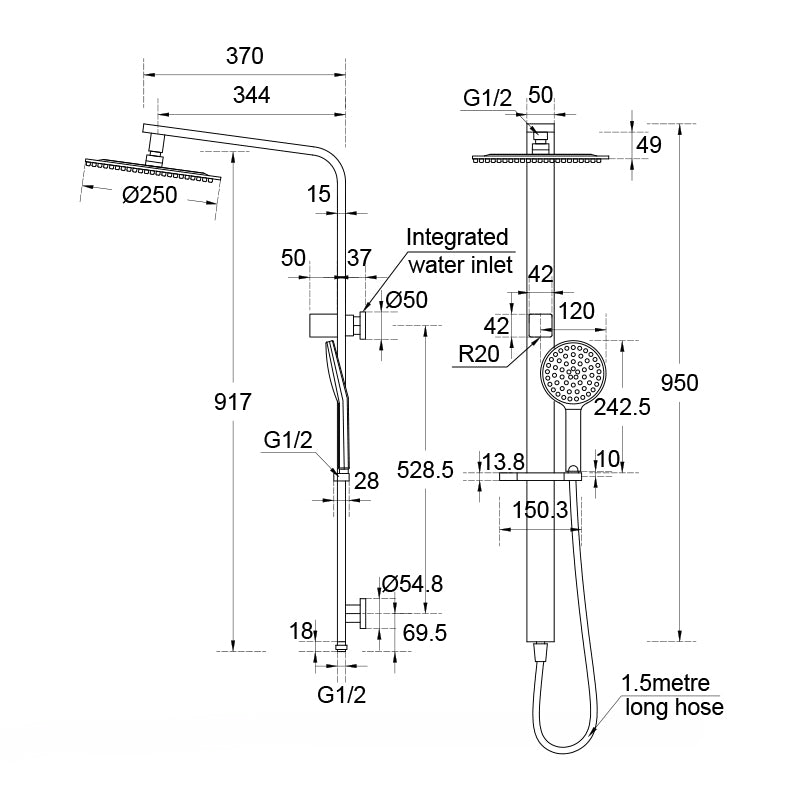 Fienza Kaya Deluxe Twin Rail Shower Top Water Inlet Variant Colour Available