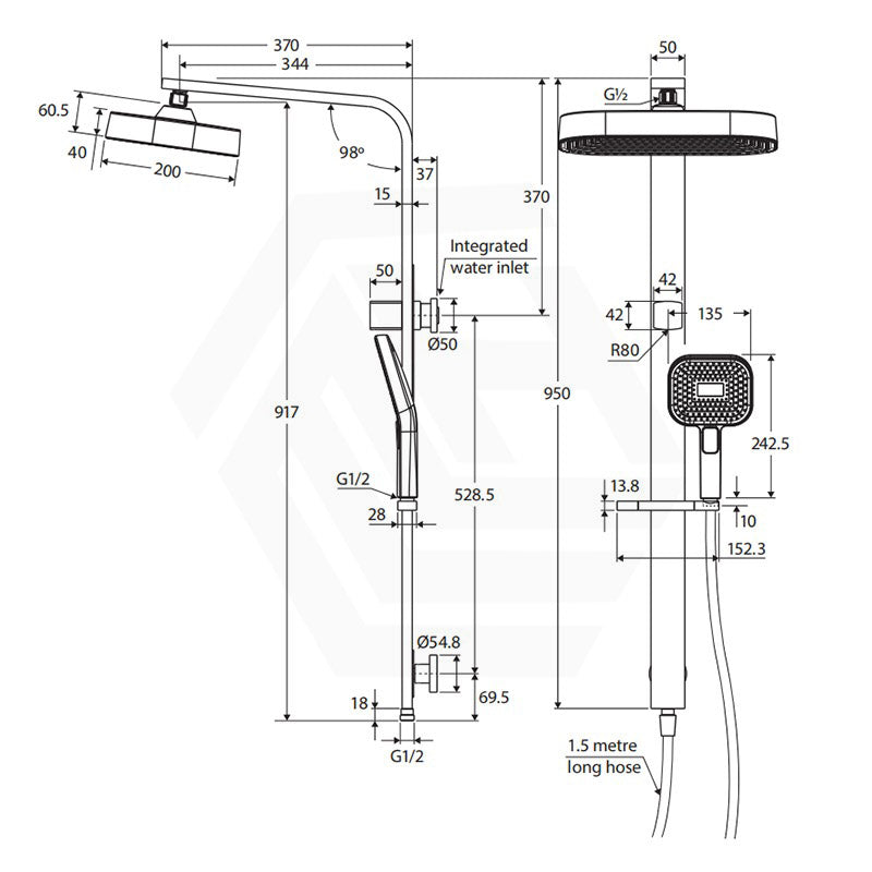 Fienza Kuro Deluxe Twin Shower Soft Square Head Top Water Inlet - Variant Colour Available
