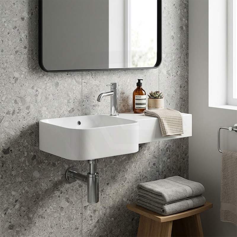 RAK Petit Ceramic Square Wall Hung Basin With Overflow Left / Right Tap Hole Option 765x355x140mm - Alpine White