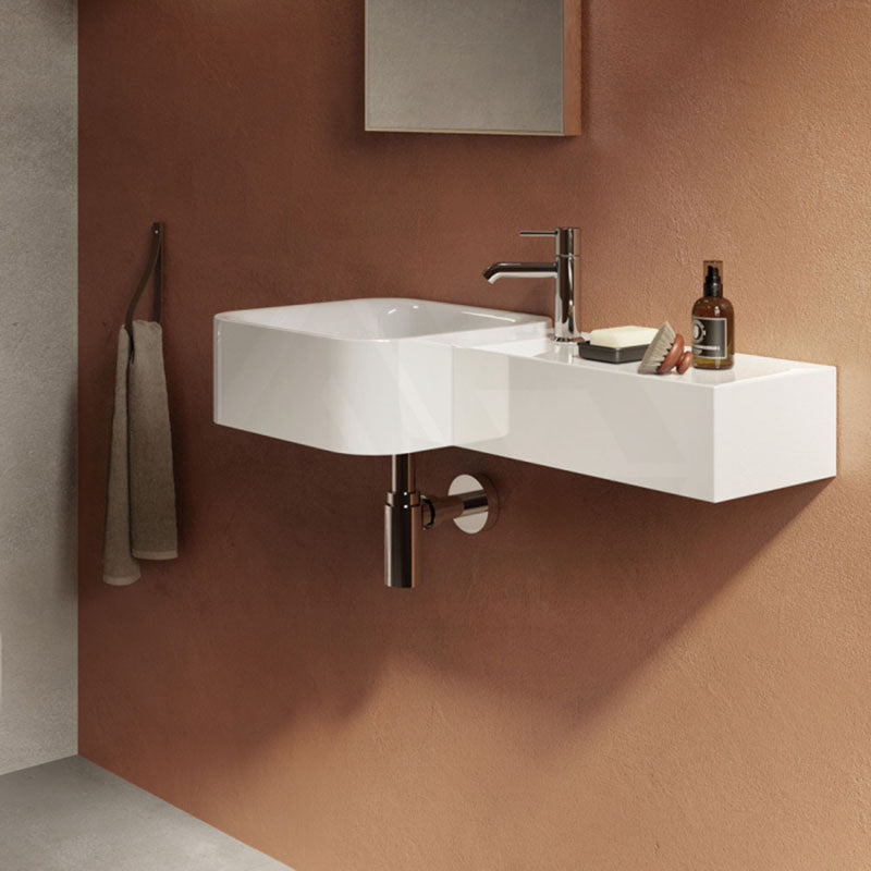 765x355x140mm RAK Petit Ceramic Square Wall Hung Basin Alpine White With Overflow Right Edge One Tap Hole