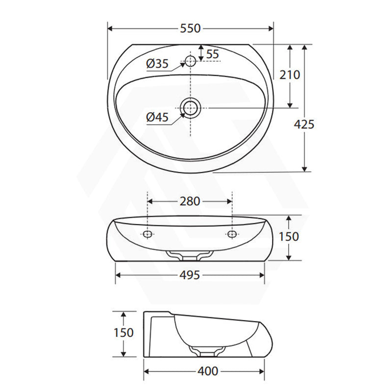 550x425x150mm RAK Cloud Wall Hung Ceramic Basins One Tap Hole In Various Colour