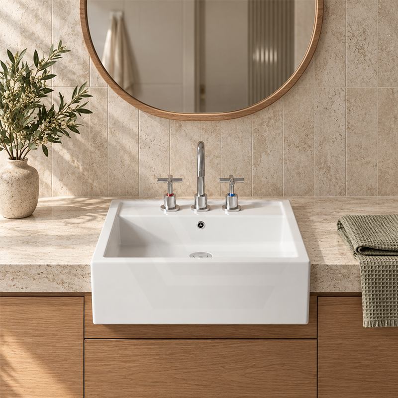 RAK Nova Semi-Recessed Ceramic Basin 1 or 3 Tap Holes Available 460x460x150mm - Gloss White
