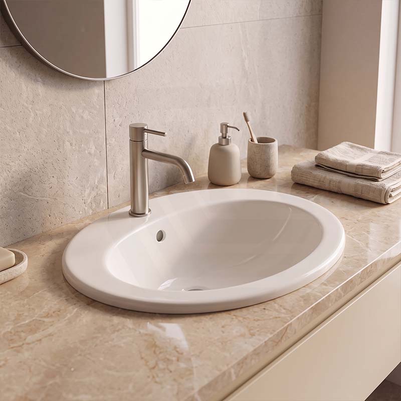 RAK Jessica Oval Ceramic Fully-Inset Basin with Overflow 1 or 3 Tap Holes Available 530x435x225mm - Gloss Ivory