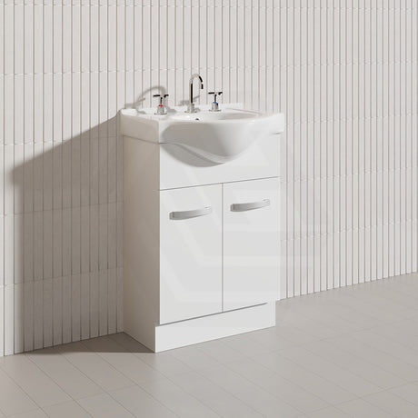 Fienza 600mm Freestanding Kickboard Vanity MDF Board with Single Bowl Ceramic Top - Gloss White