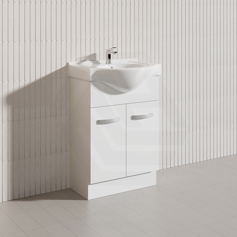 Fienza 600mm Freestanding Kickboard Vanity MDF Board with Single Bowl Ceramic Top - Gloss White