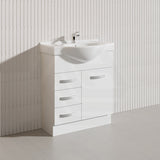 Fienza 750mm Freestanding Kickboard Vanity MDF Board Solid Door with Single Bowl Ceramic Top - Gloss White