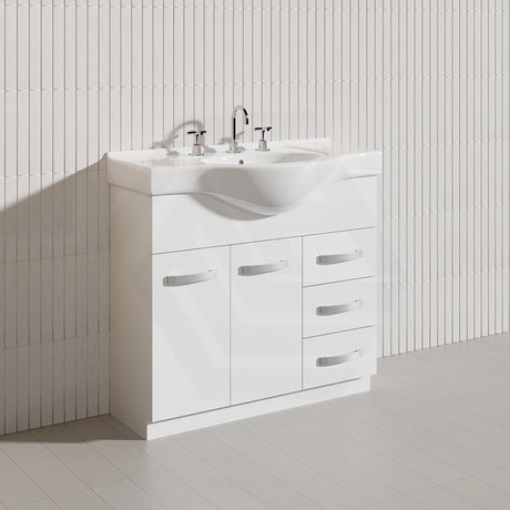 Fienza 900mm Freestanding Kickboard Vanity MDF Board Solid Door with Single Bowl Ceramic Top - Gloss White