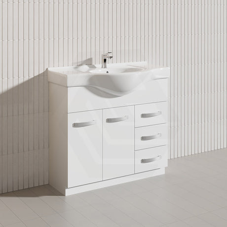 Fienza 900mm Freestanding Kickboard Vanity MDF Board Solid Door with Single Bowl Ceramic Top - Gloss White