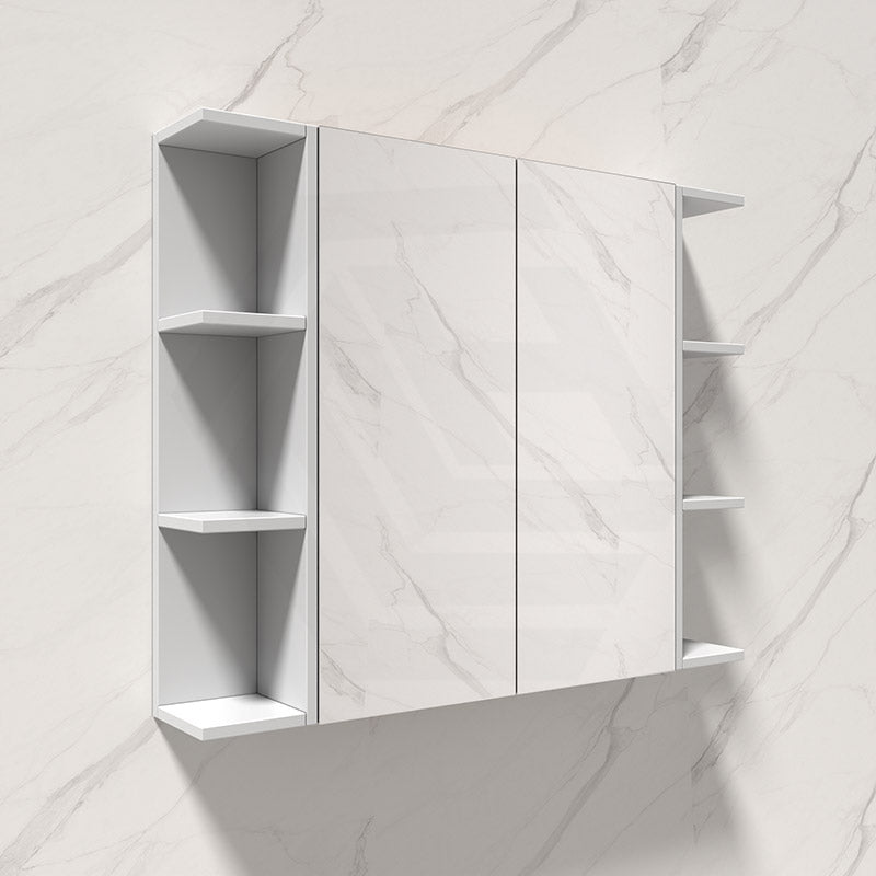 Fienza 600/750/900/1200mm Bevel Edge Gloss White MDF board Mirror Shaving Cabinet 2 Side Shelves
