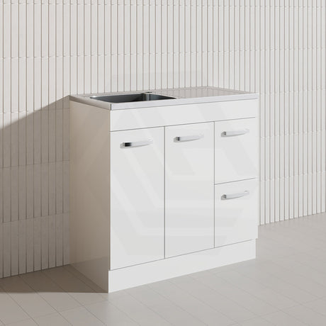 900mm Citi E0 MDF Board Gloss White Kitchen/Laundry Freestanding Vanity with Stainless Steel Sink-Top