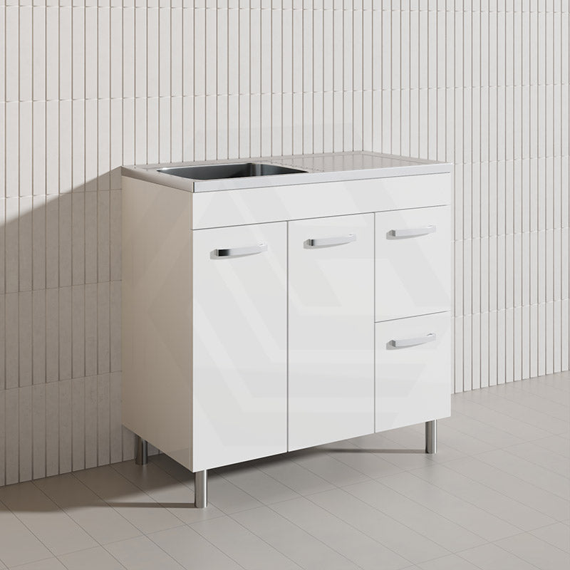 900mm Citi E0 MDF Board Gloss White Kitchen/Laundry Freestanding Vanity with Stainless Steel Sink-Top