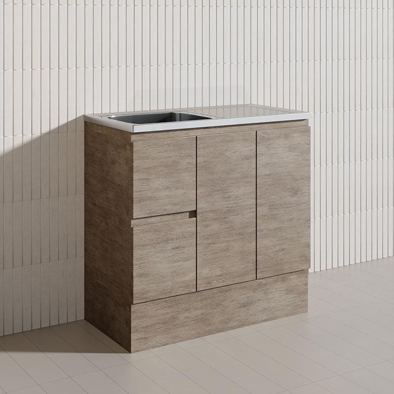 900mm Citi E0 MDF Board Kitchen/Laundry Freestanding Kickboard Vanity with Stainless Steel Sink-Top Industrial/Scandi Oak