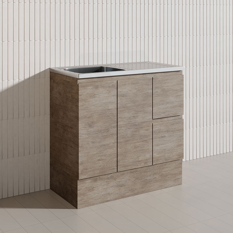 900mm Citi E0 MDF Board Kitchen/Laundry Freestanding Kickboard Vanity with Stainless Steel Sink-Top Industrial/Scandi Oak