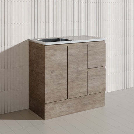 900mm Citi E0 MDF Board Kitchen/Laundry Freestanding Kickboard Vanity with Stainless Steel Sink-Top Industrial/Scandi Oak
