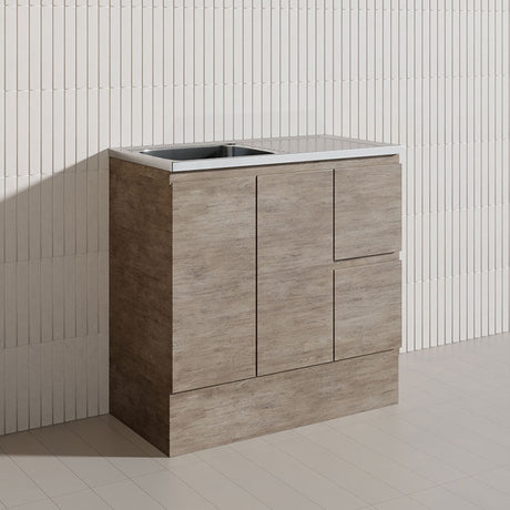 900mm Citi E0 MDF Board Kitchen/Laundry Freestanding Kickboard Vanity with Stainless Steel Sink-Top Industrial/Scandi Oak