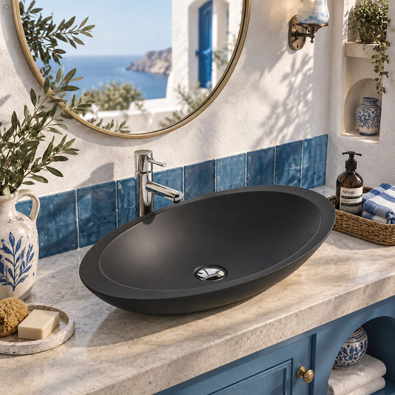 Fienza Bahama Oval Solid Surface Above Counter Basin 600x350x105mm - Matt White/Black