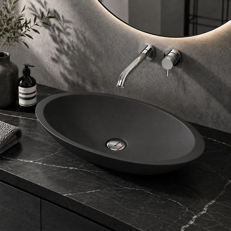 Fienza Bahama Oval Solid Surface Above Counter Basin 600x350x105mm - Matt White/Black