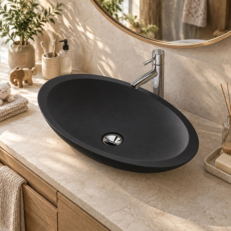 Fienza Bahama Oval Solid Surface Above Counter Basin 600x350x105mm - Matt White/Black