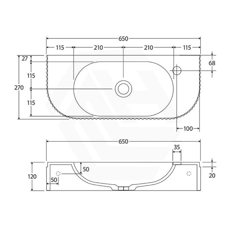 650x270x120mm Fienza Minka Matt White Solid Surface Wall Hung Basin Tap Hole Available