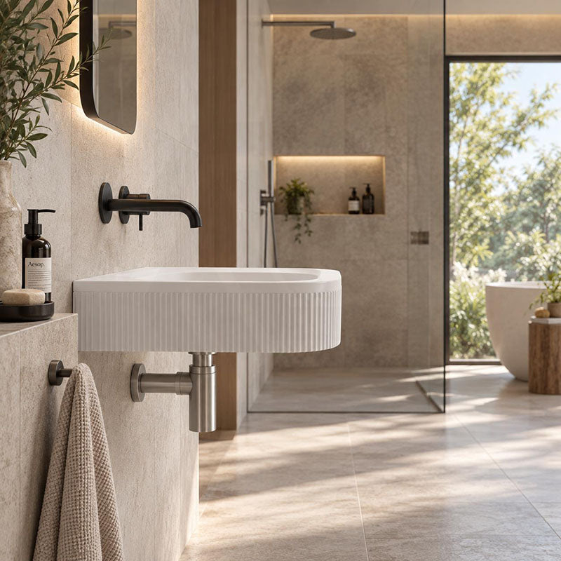 Fienza Minka Solid Surface Wall Hung Basin Tap Hole Available 650x270x120mm - Matt White