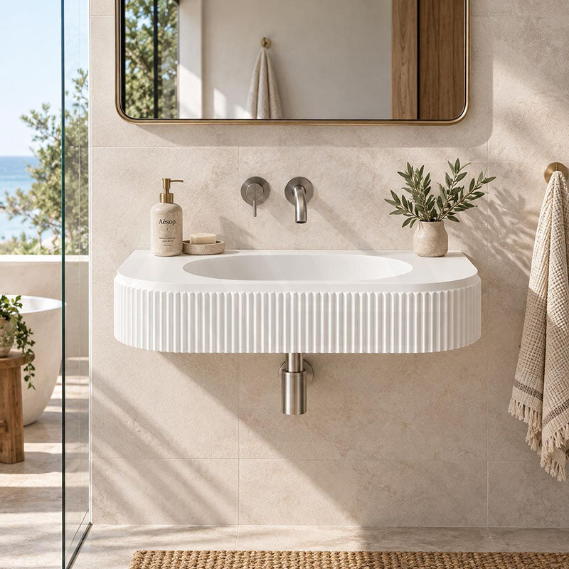 Fienza Minka Solid Surface Wall Hung Basin Tap Hole Available 650x270x120mm - Matt White